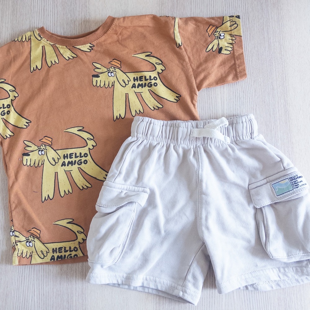 Zara Kids 2 Pc Set Brown Hello Amigo Dog Shirt Cargo Shorts Tan Kids 3 Years